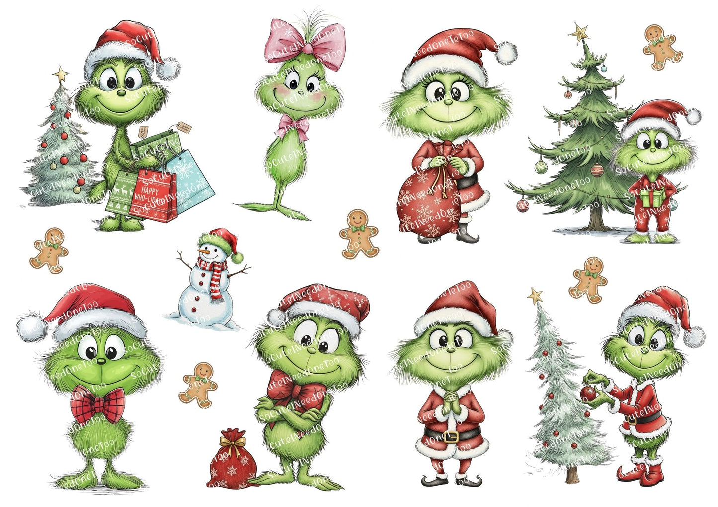 Illustrations of a green character in various Christmas outfits with trees, gingerbread men, and snowmen.
