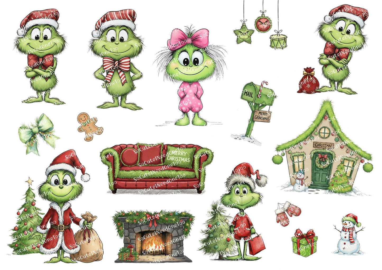Set of Christmas-themed illustrations including characters, furniture, and decorations on a white background.