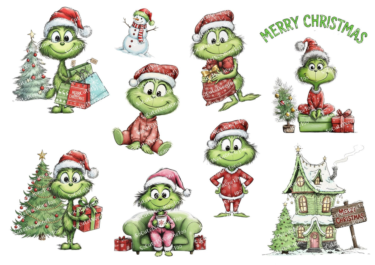 Set of Christmas-themed illustrations featuring a green character with a red Santa hat, a snowman, and a house.