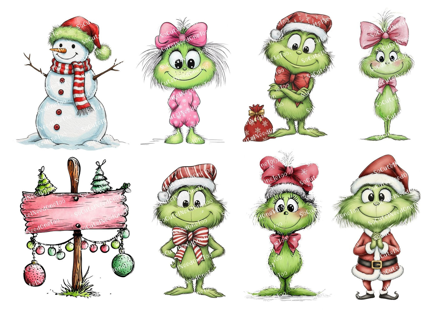 Set of Christmas-themed illustrations including a snowman, Grinch characters, and a sign with ornaments on a white background.