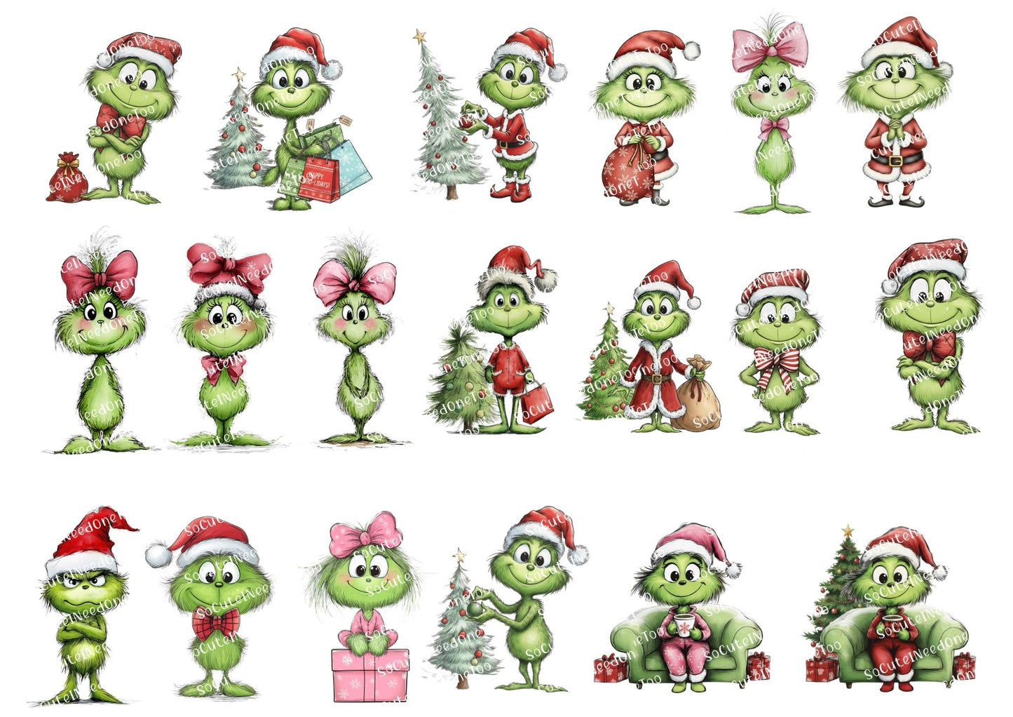 Set of green cartoon characters in Christmas outfits with trees and presents on a white background