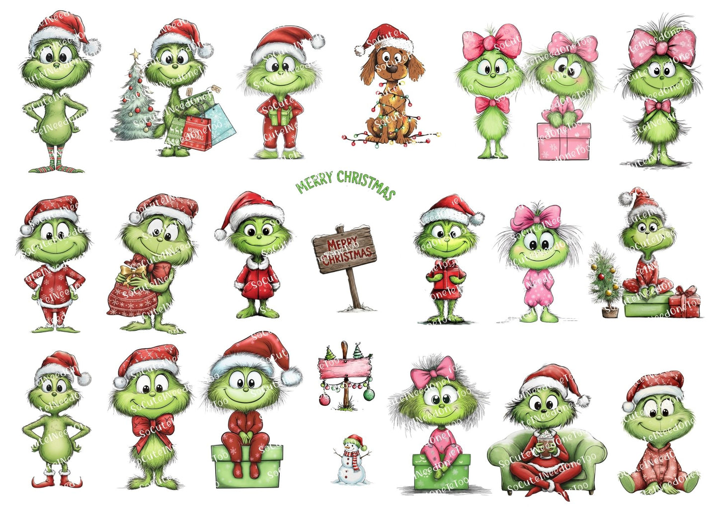 Collection of cartoon characters in Christmas outfits on a white background