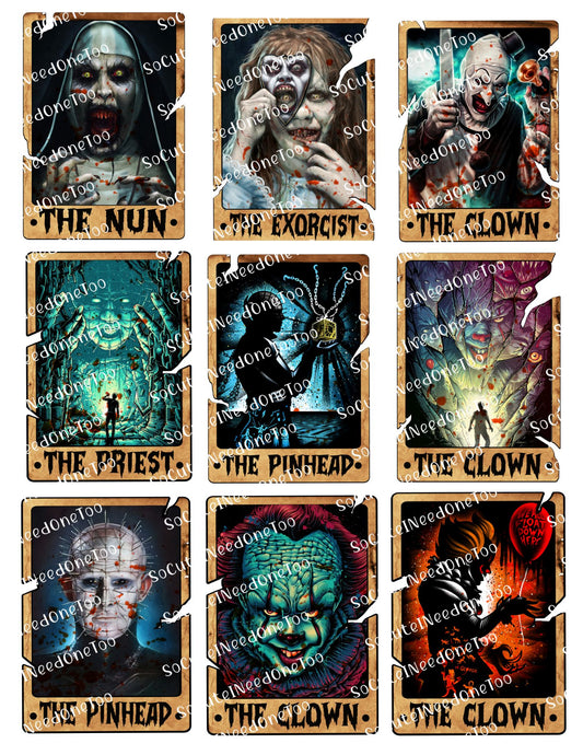 Set of nine horror-themed cards featuring characters like 'The Nun', 'The Exorcist', and 'The Clown'.