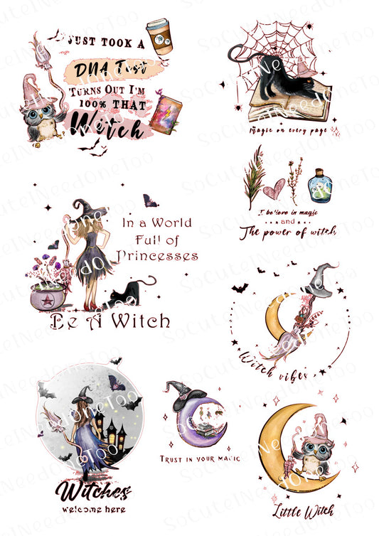 Set of witch-themed waterslide decals