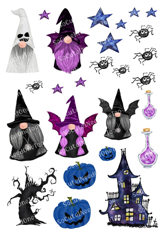 Gnomos de Halloween sobre calcomanías de tobogán de agua transparentes y blancas 