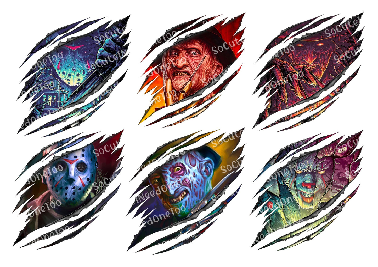 Set of colorful horror-themed designs on a white background
