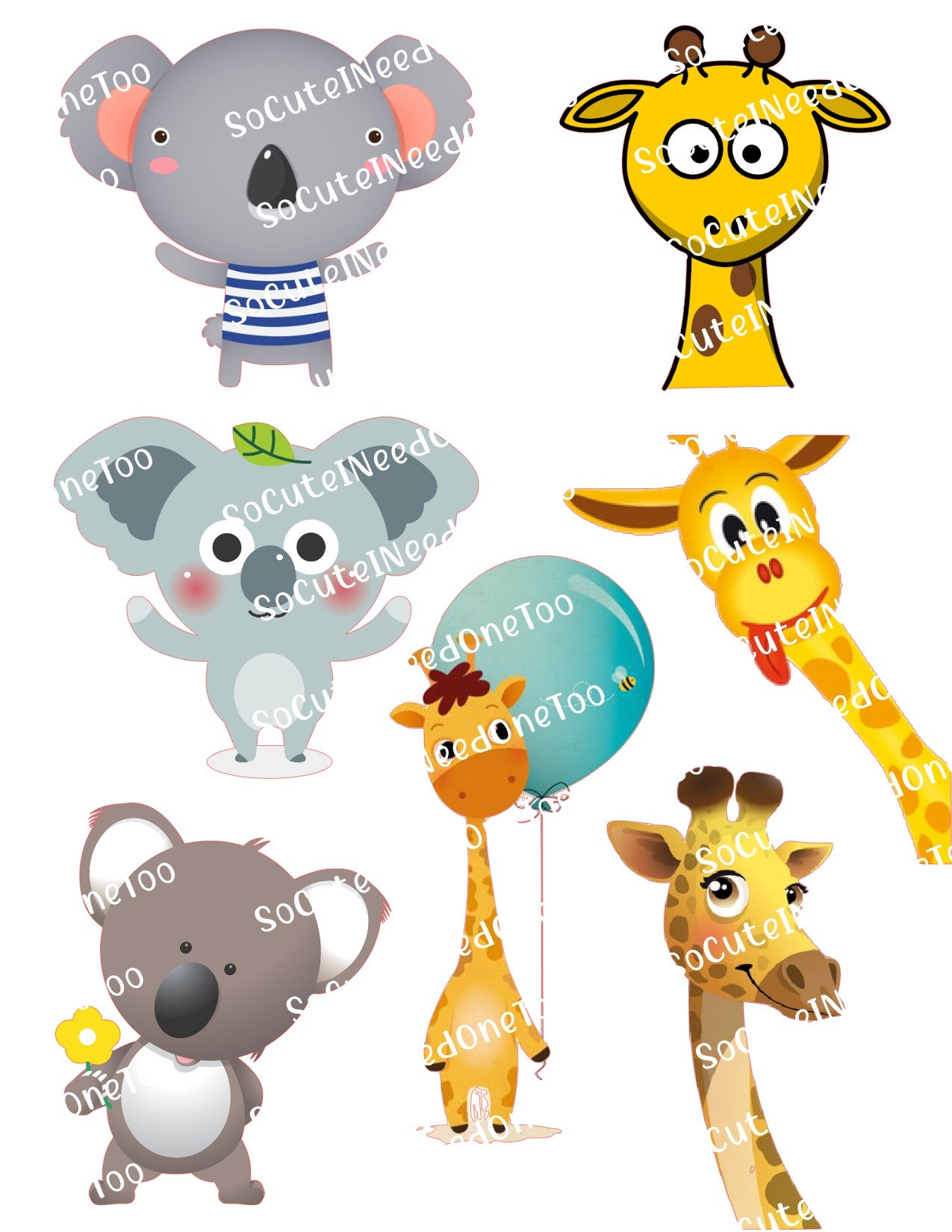 Koala and giraffe cute animal waterslide decals for kids cups