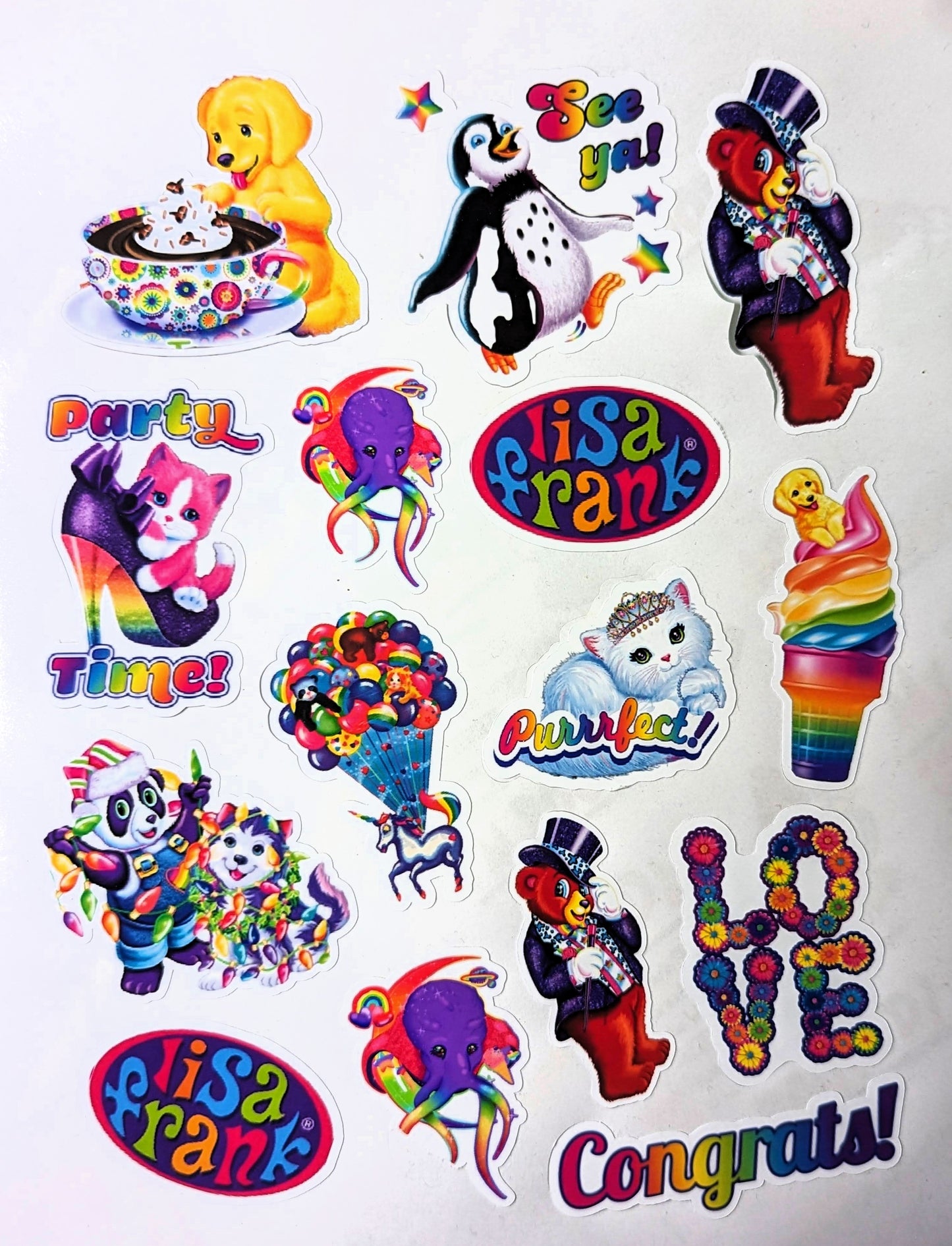 Collection of colorful Lisa Frank-themed stickers on a white background