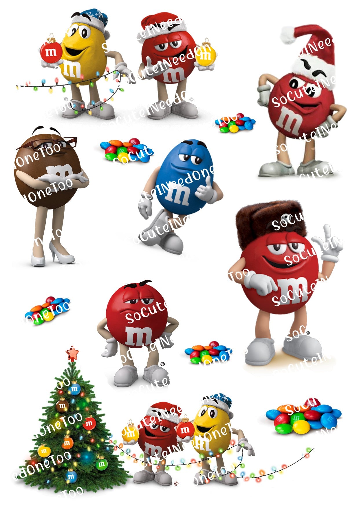 Collection of M&M character figurines with Christmas decorations and tree.