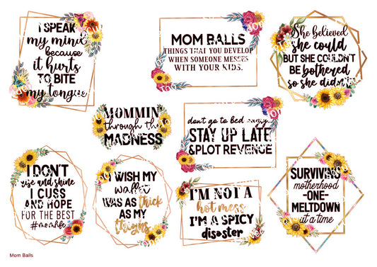 Mom Adult Sayings waterslide decal sheet – funny mom humor designs for tumblers