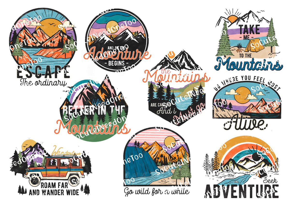 Mountain Fun waterslide decal sheet – outdoor adventure designs for tumblers