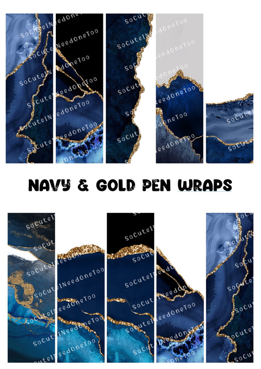 Navy & Gold Pen Wraps – Elegant Waterslide Designs for Bic Pens