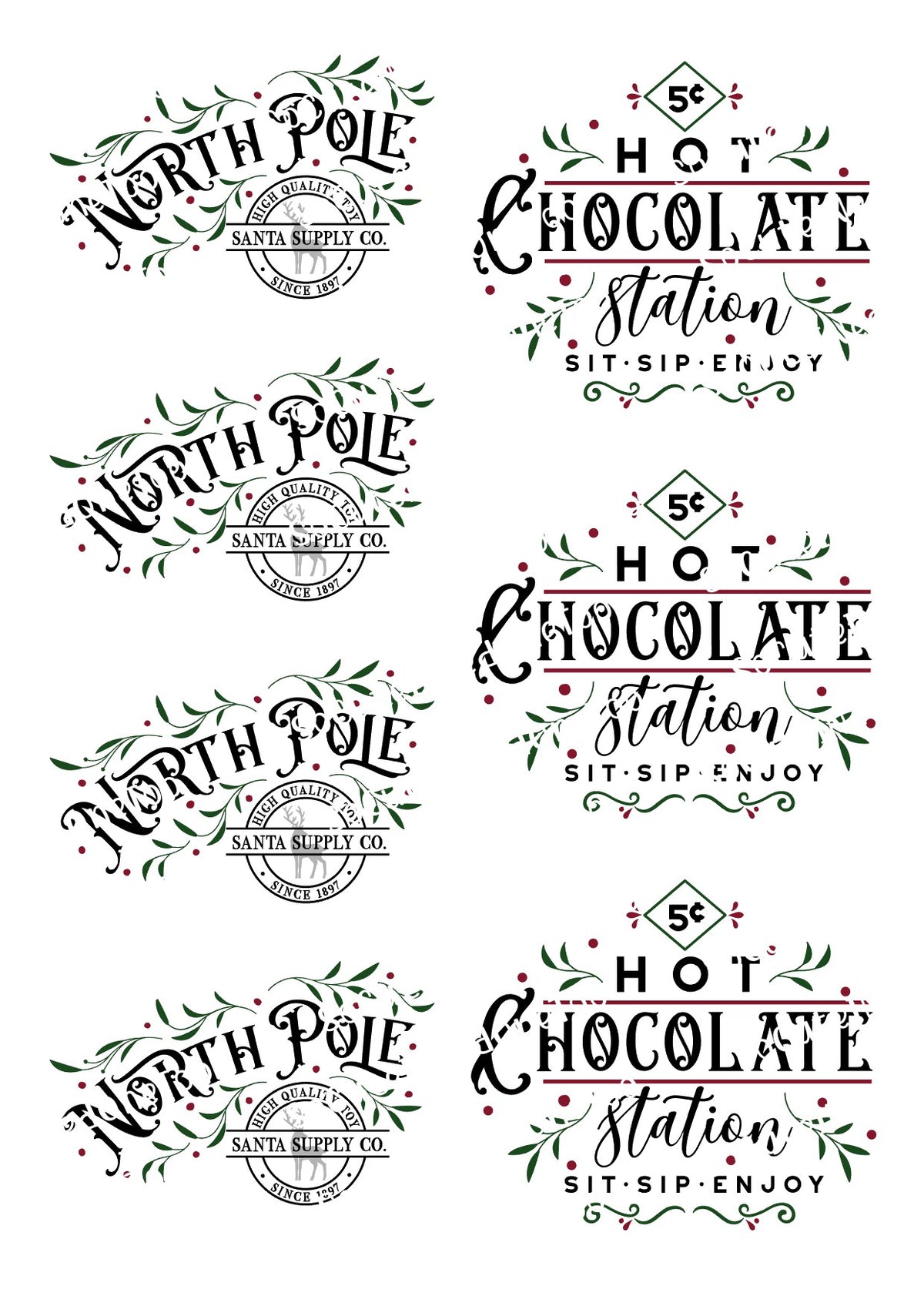 North Pole & Hot Chocolate #2 Waterslide Decals – Christmas Holiday Designs for Tumblers