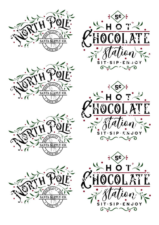 North Pole & Hot Chocolate #2 Waterslide Decals – Christmas Holiday Designs for Tumblers