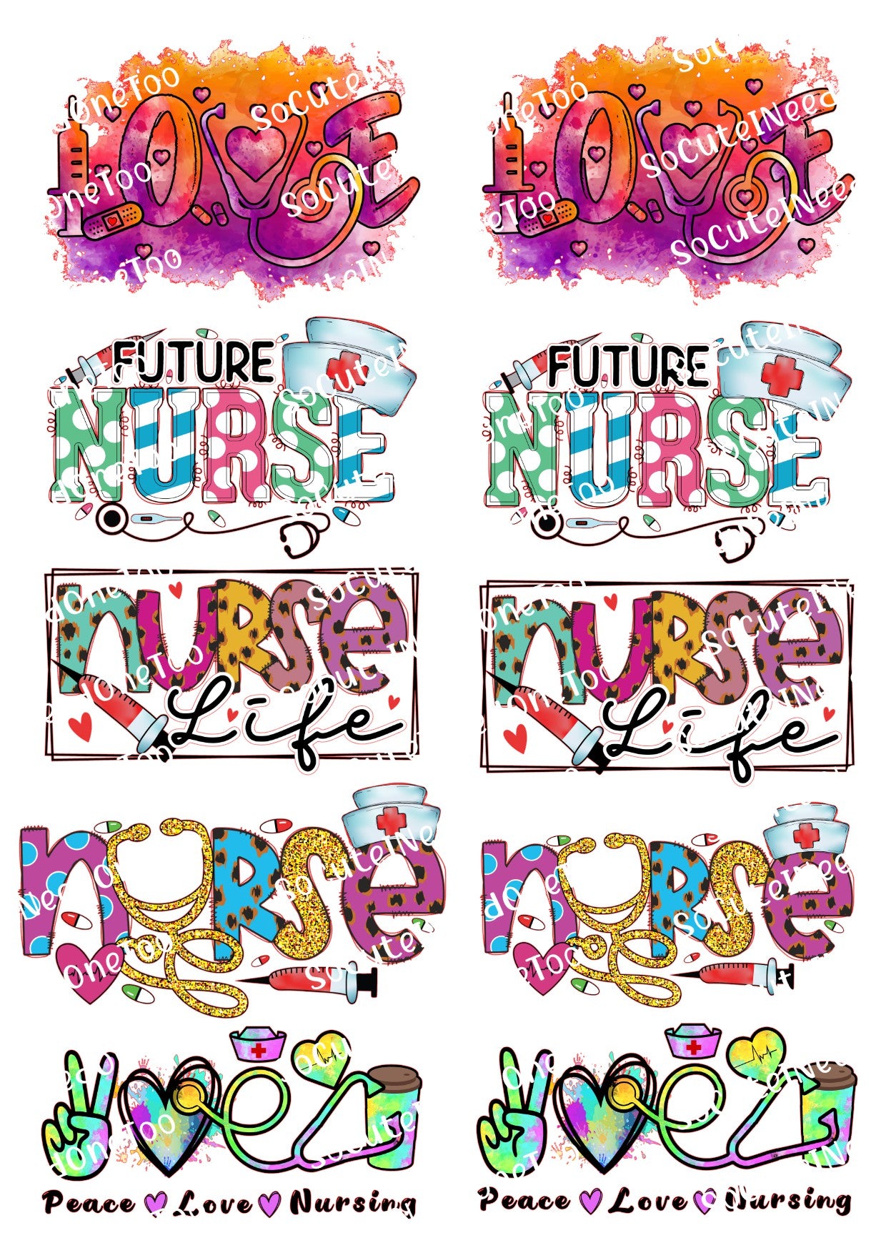 Nurse Waterslide Decals - Multiple Designs Available on Clear or White Background