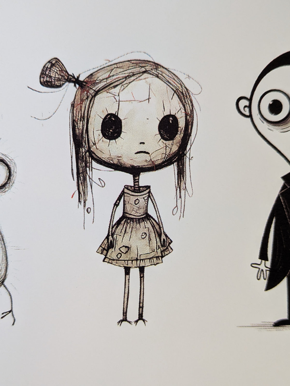 Close-up of the sketched ragdoll girl Halloween sticker