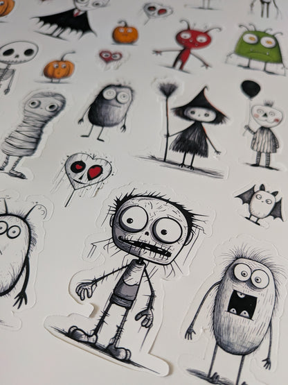 Sketched Halloween stickers with a zombie boy, mummy, witch and fuzzy monster