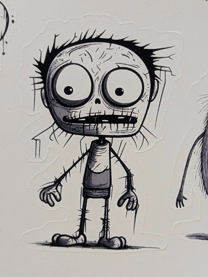 Close-up of the sketched zombie boy Halloween sticker