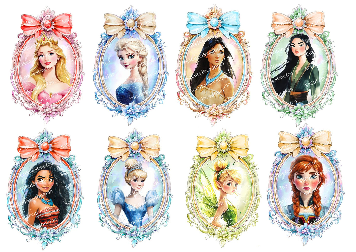 Set of animated characters in decorative frames with colorful bows.