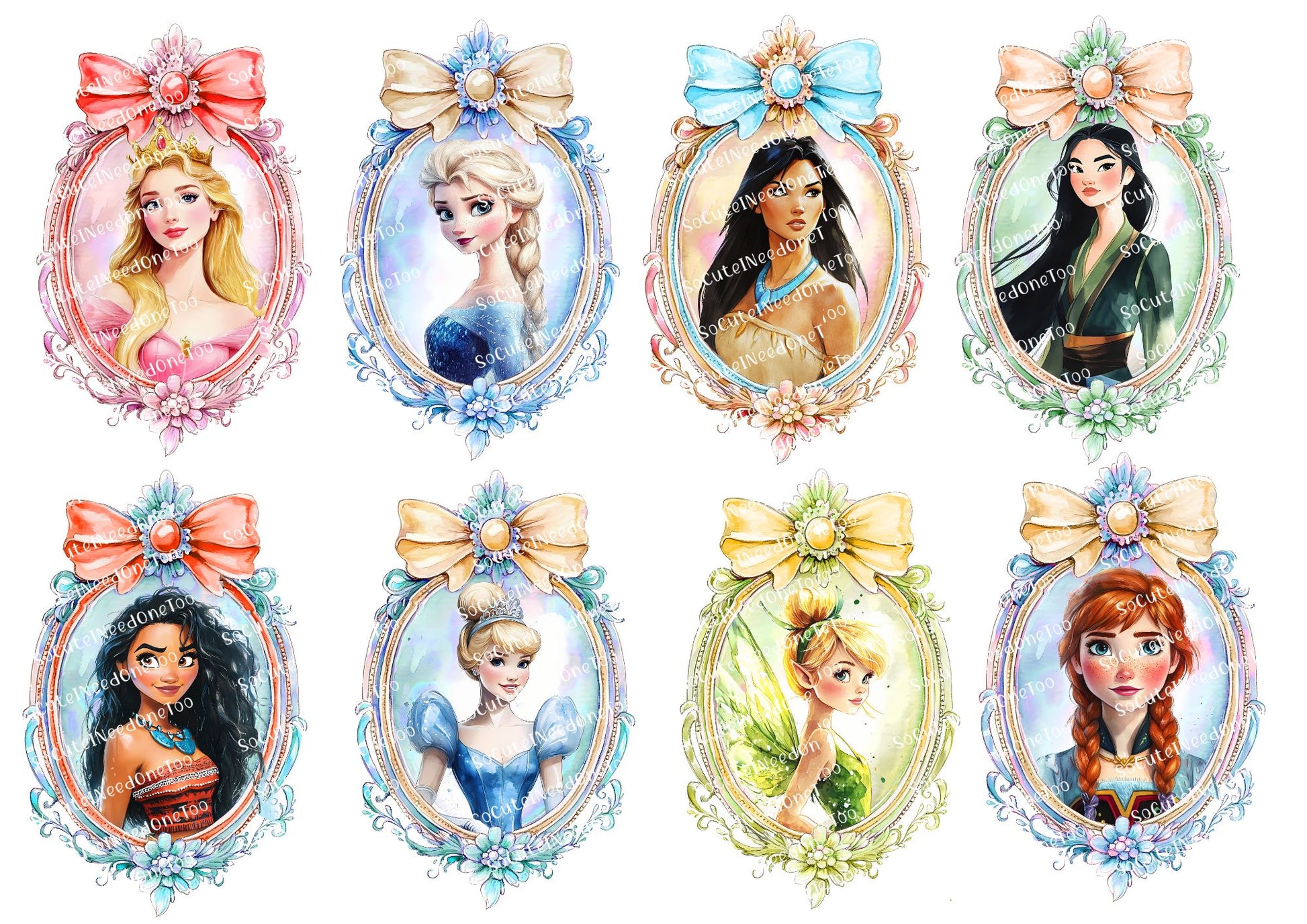 Set of animated characters in decorative frames with colorful bows.
