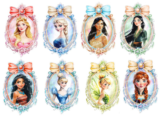 Set of animated characters in decorative frames with colorful bows.