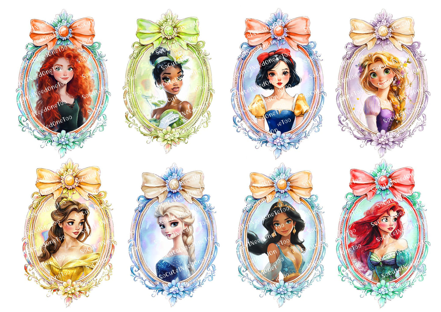 Set of Disney princesses in decorative frames with colorful bows.