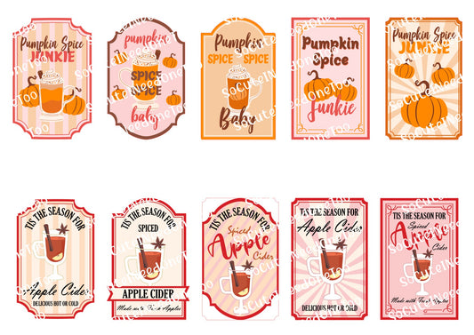 Set of pumpkin spice and apple cider themed labels on a white background