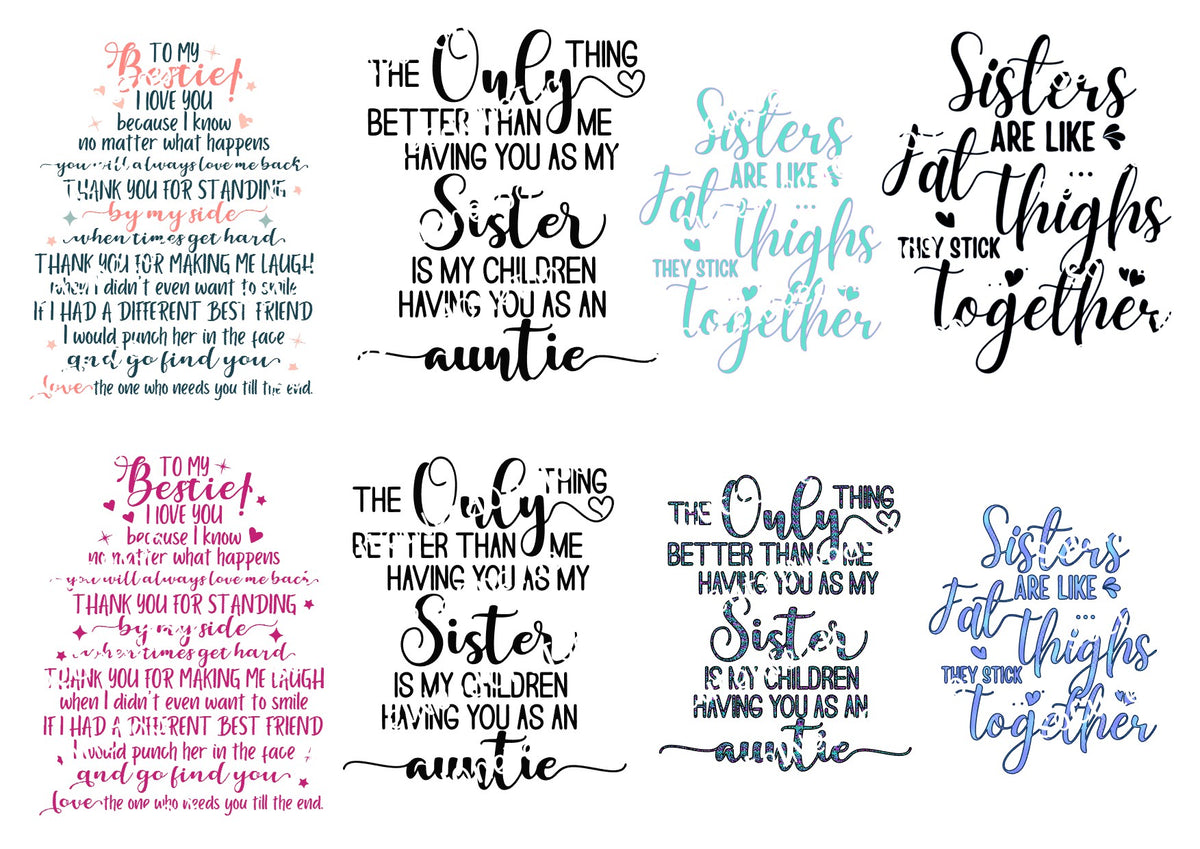 Sister & Bestie Quotes waterslide decal sheet – friendship designs for tumblers