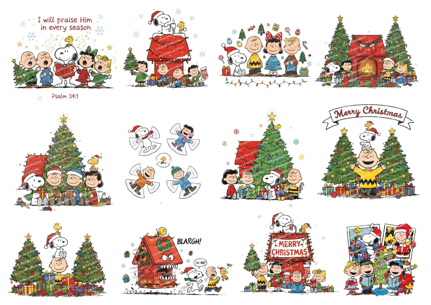 Set of Christmas-themed illustrations featuring characters from a popular comic strip.