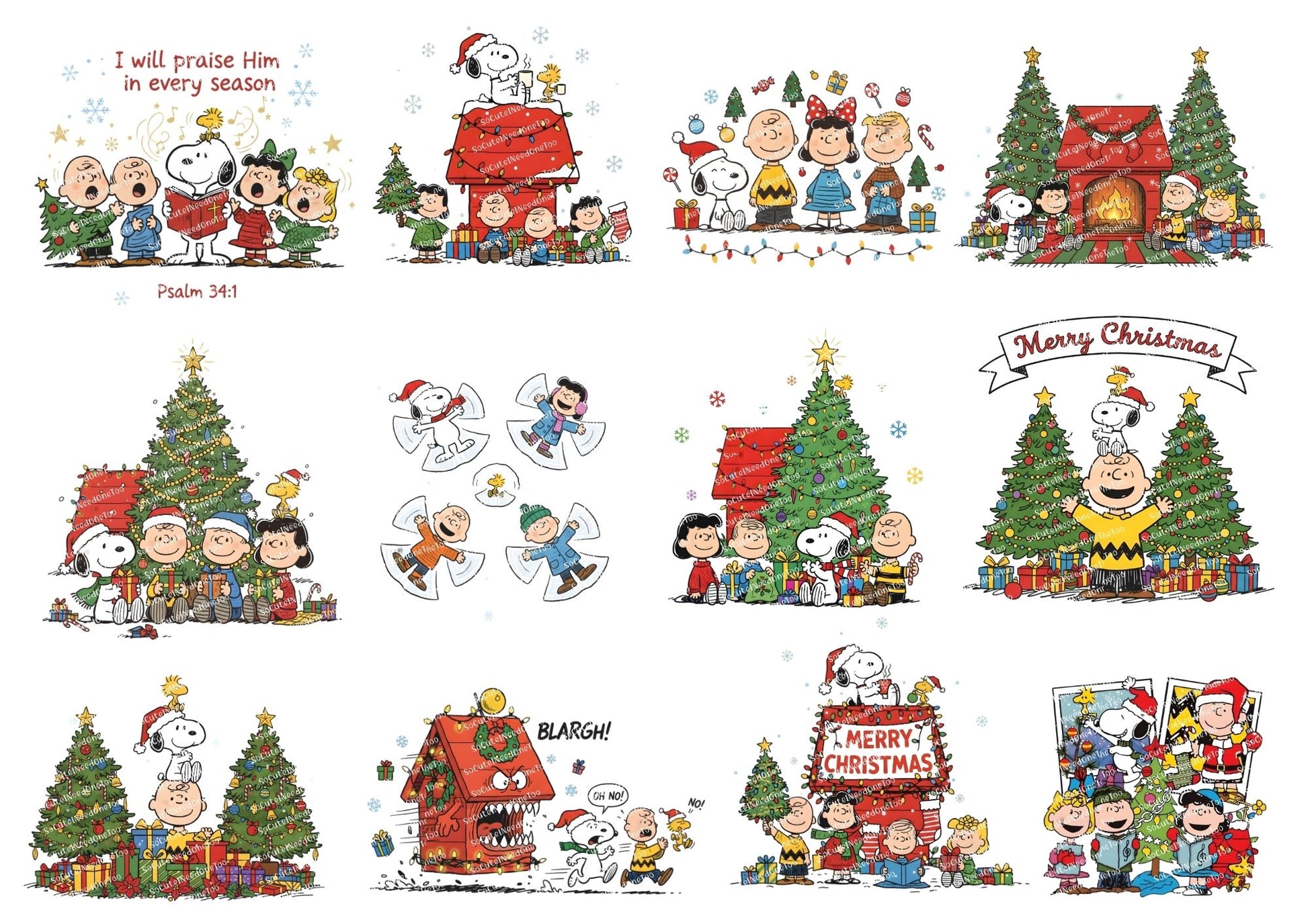 Set of Christmas-themed illustrations featuring characters from a popular comic strip.