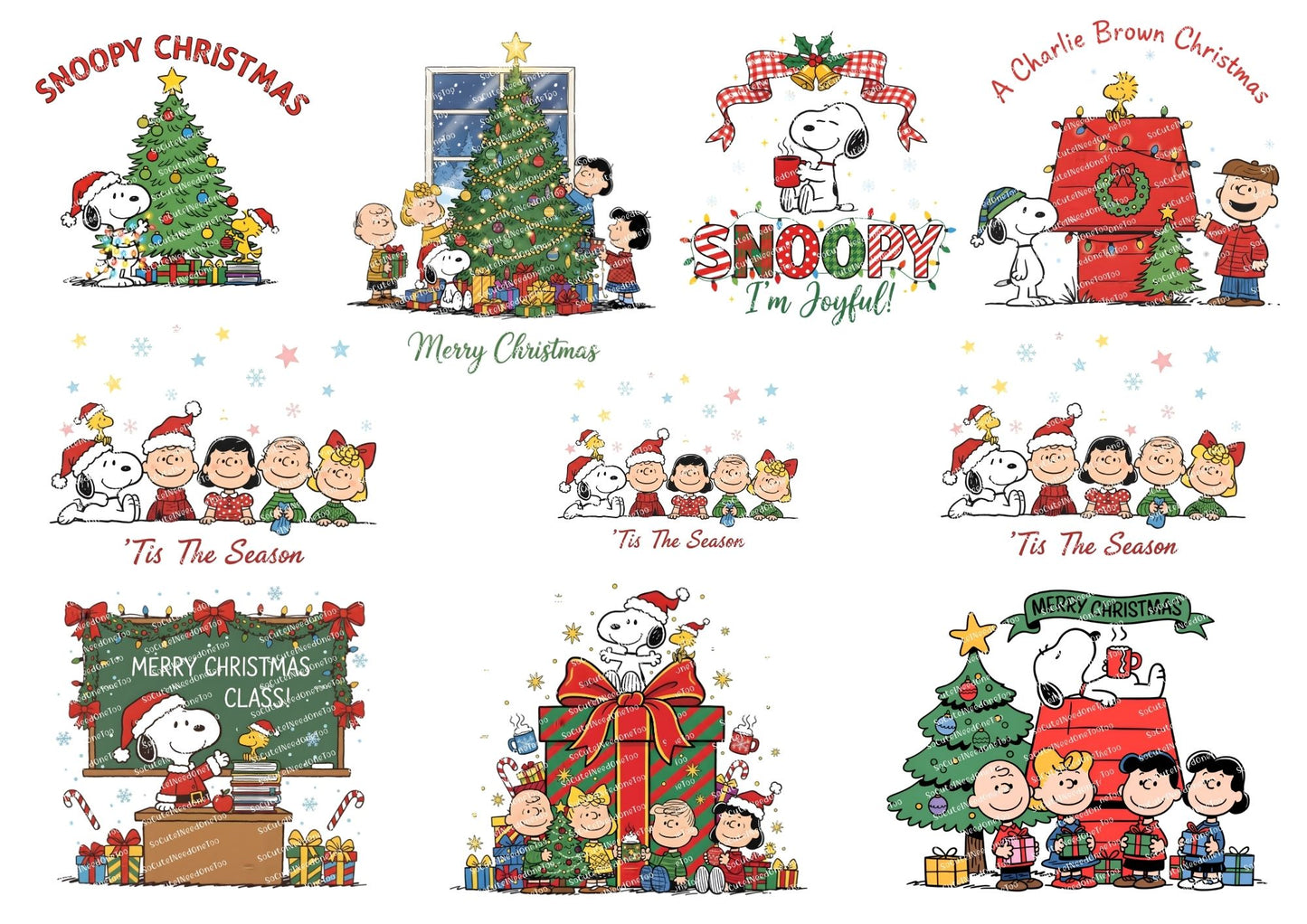 Collection of Christmas-themed illustrations featuring Snoopy and Peanuts characters.