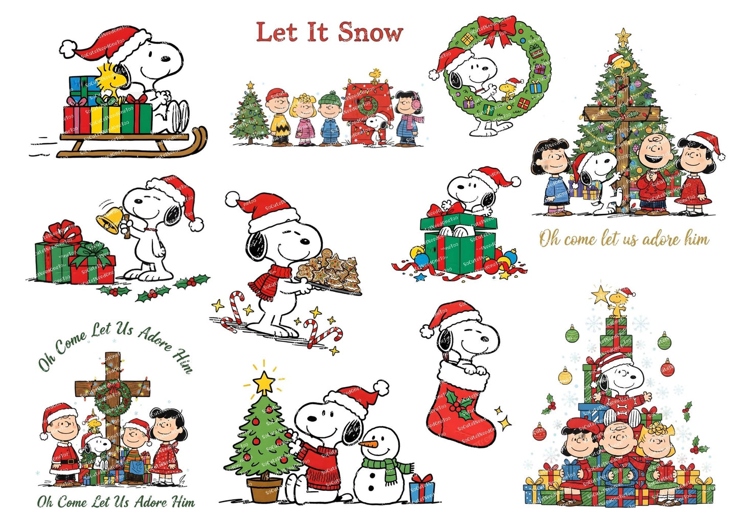 Collection of Christmas-themed illustrations featuring Snoopy and friends with festive elements.