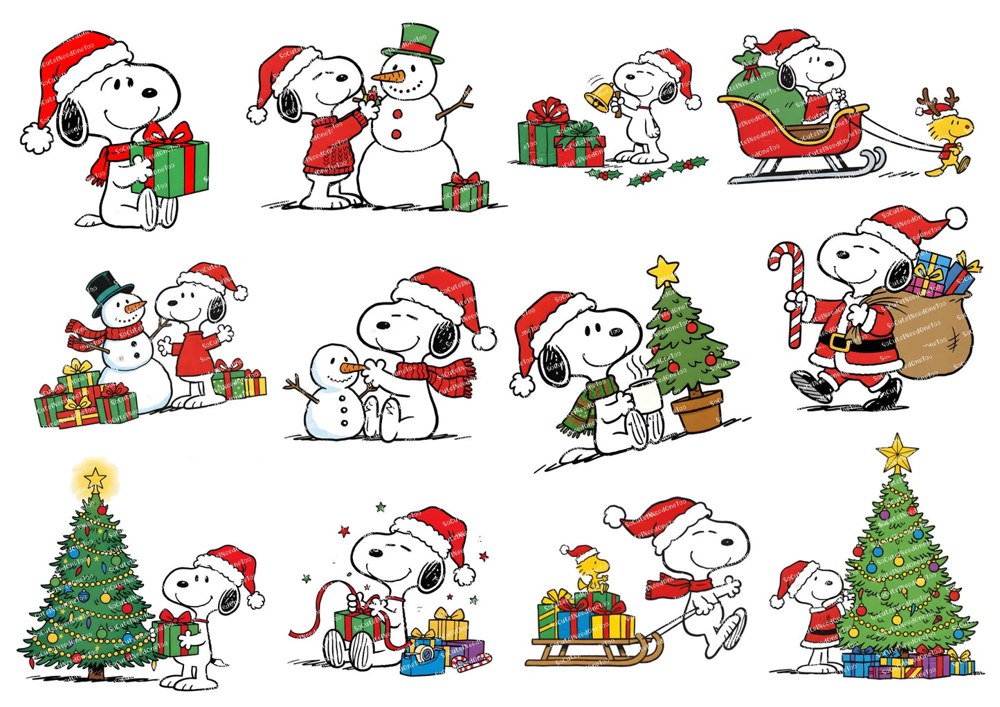 Cartoon characters in Christmas-themed poses with trees, presents, and snowmen.