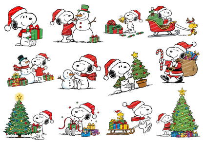 Cartoon characters in Christmas-themed poses with trees, presents, and snowmen.