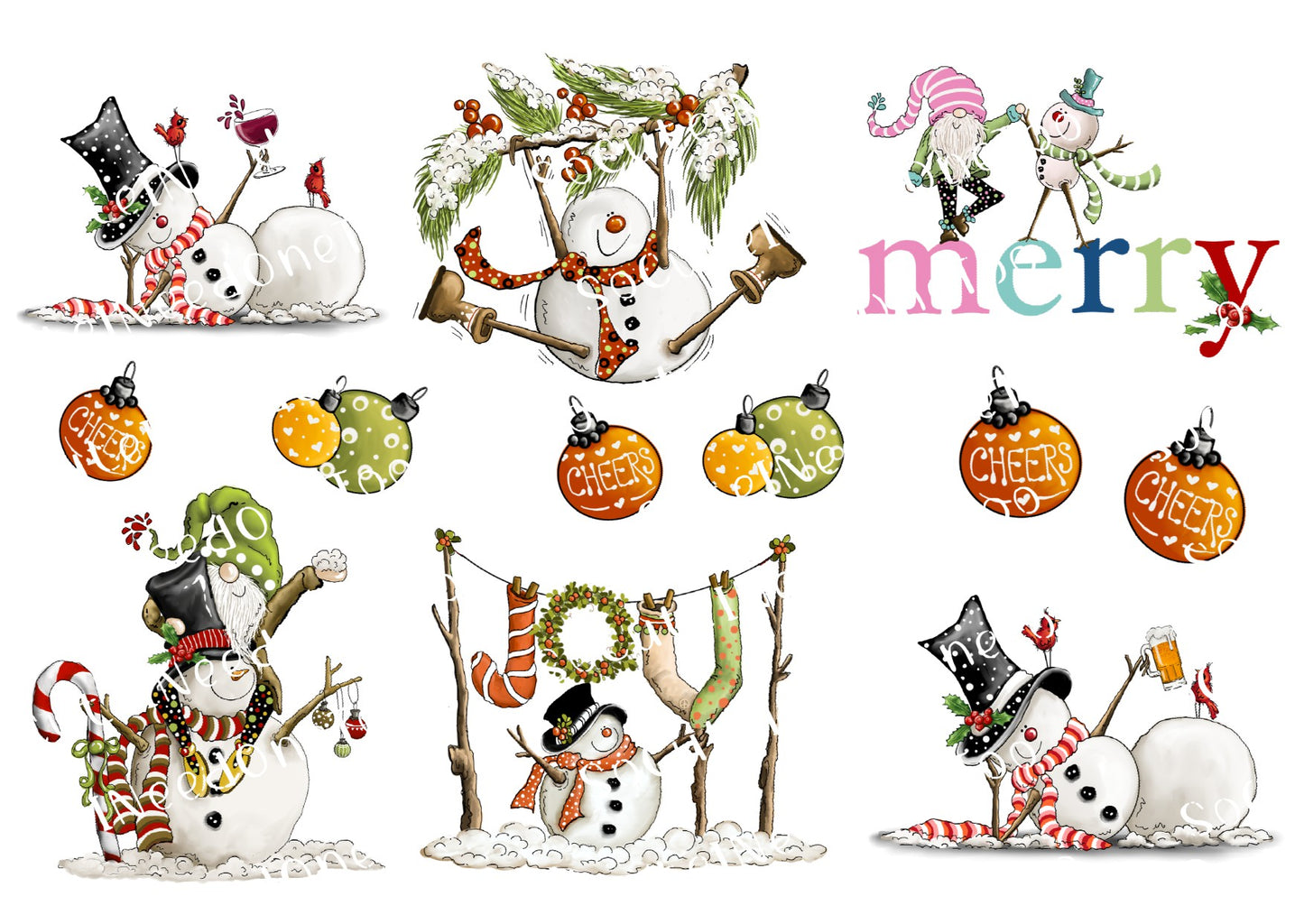 Set of Christmas-themed illustrations including snowmen, ornaments, and the word 'merry' on a white background.