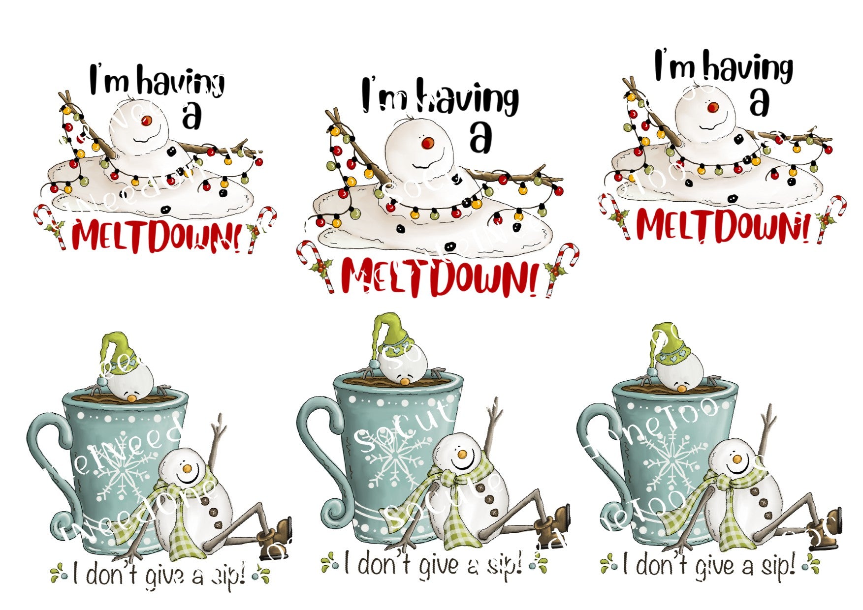A set of six Christmas-themed mugshot-style illustrations on a white background, featuring snowman characters with holiday decorations, candy canes, and text such as 'I'm having a MELTDOWN!' and 'I don't give a sip!'.