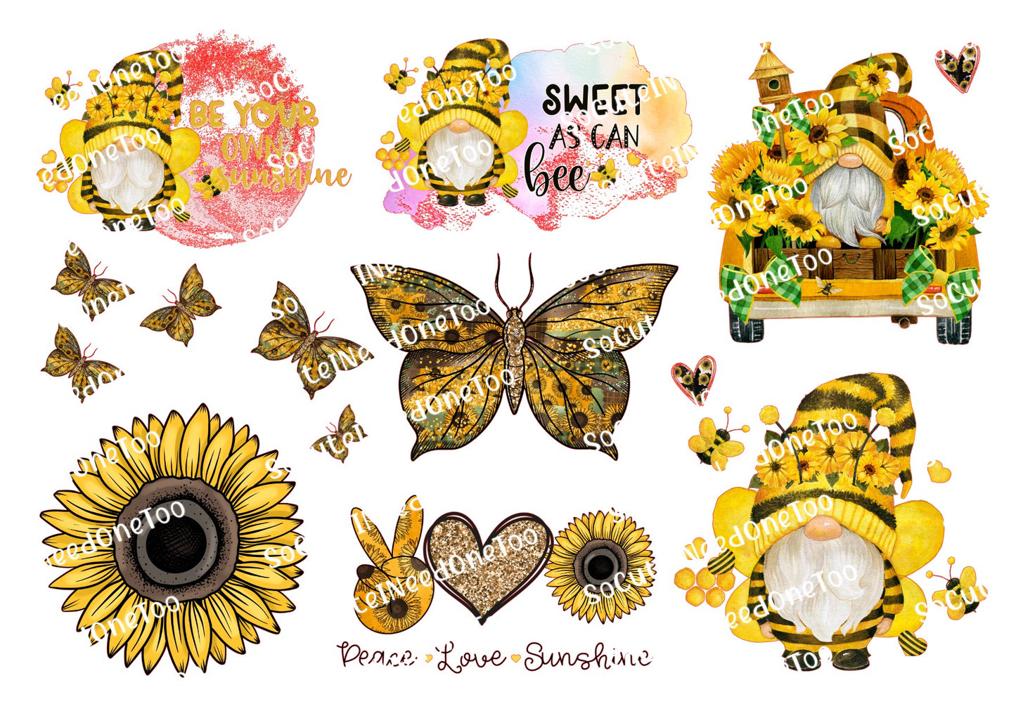 Sunflower Gnomes Waterslide Decals - Be Your Own Sunshine - Clear or White Background