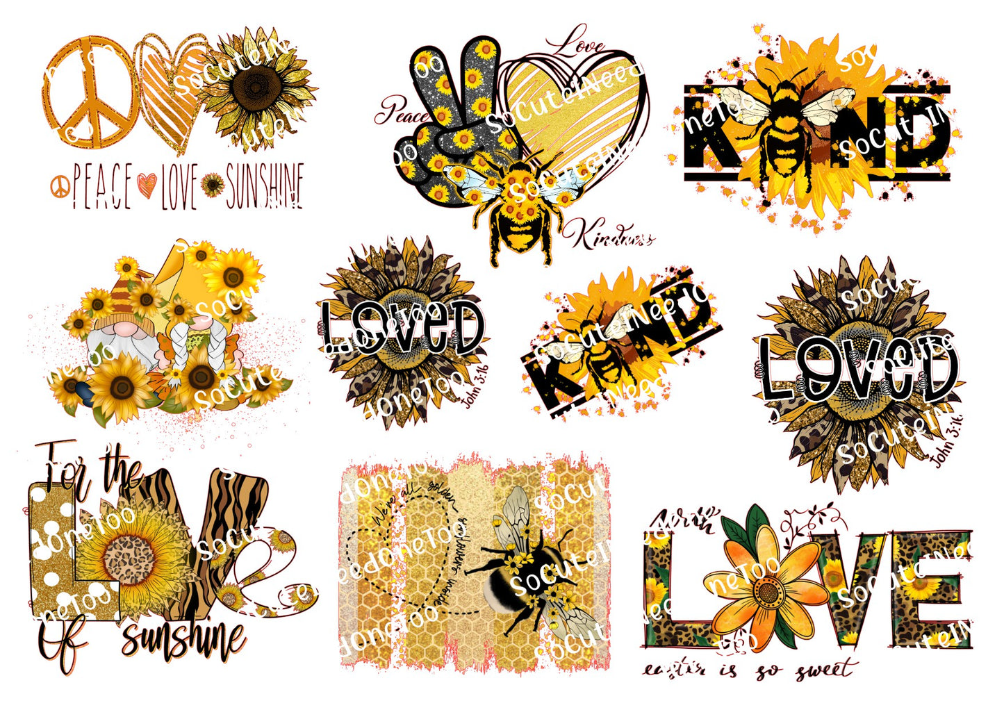 Sunflower Waterslide Decals - Peace Love Sunshine Design - Clear or White Background
