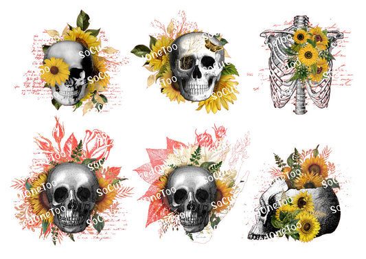 Sunflower Skeletons Waterslide Decals - Halloween Floral Designs