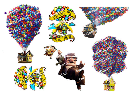 Colorful balloons with text and characters from the movie 'Up' on a white background