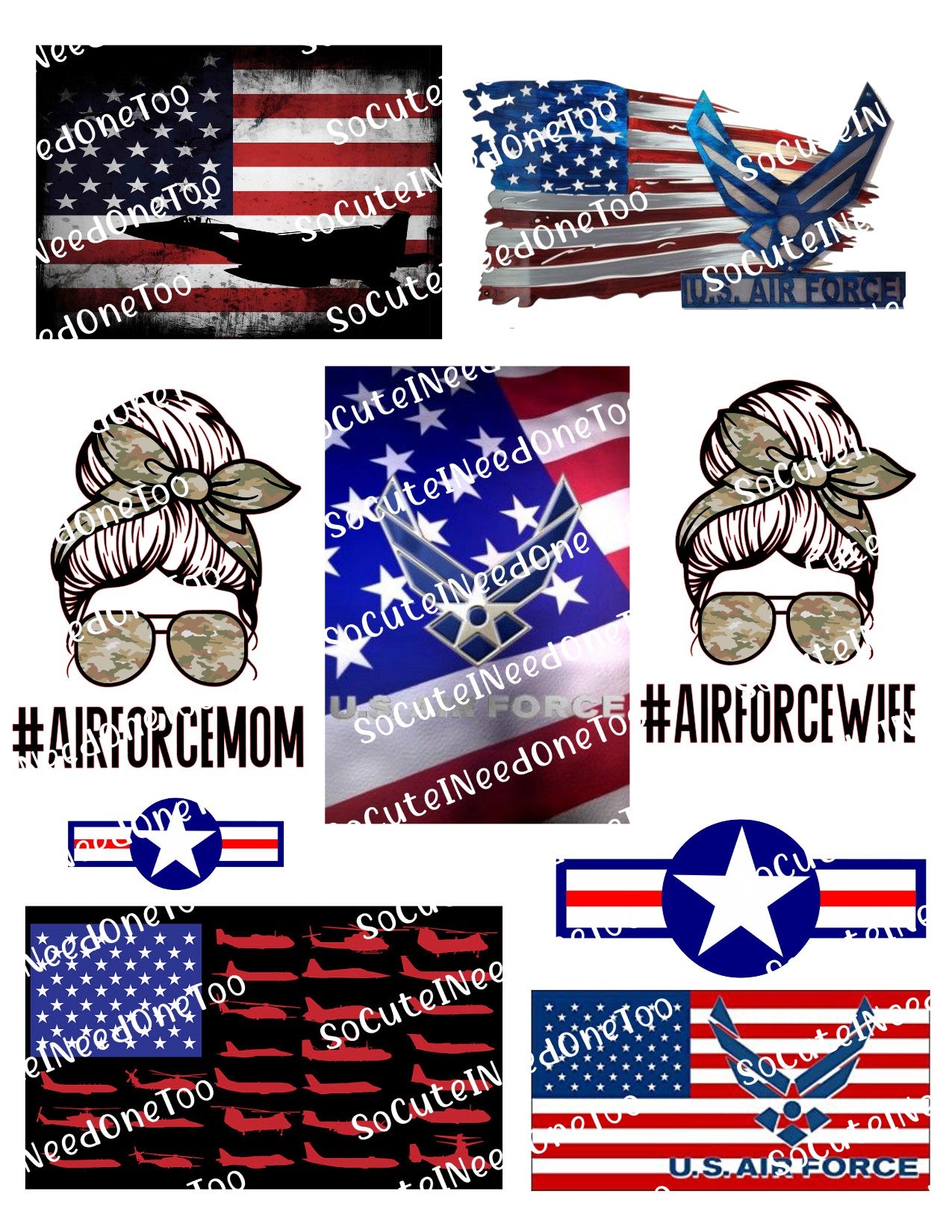 Collection of Air Force-themed graphics with American flags and text.
