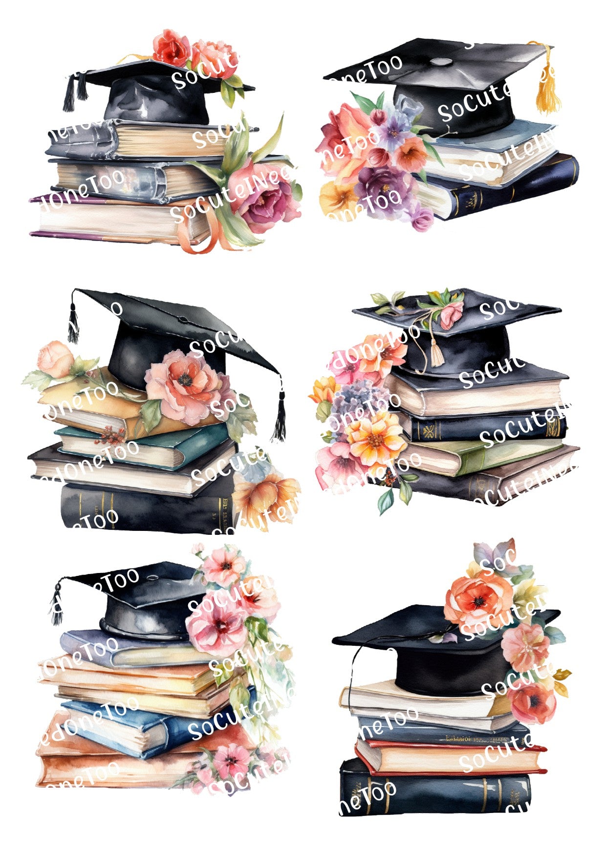 Graduation hats and books with flowers on a white background