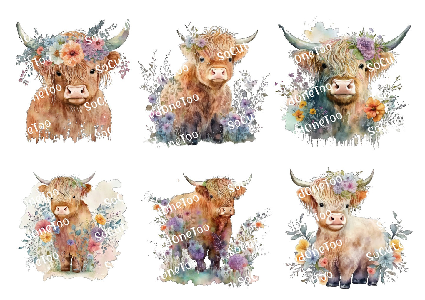 Set of six highland cow illustrations with floral wreaths on a white background.