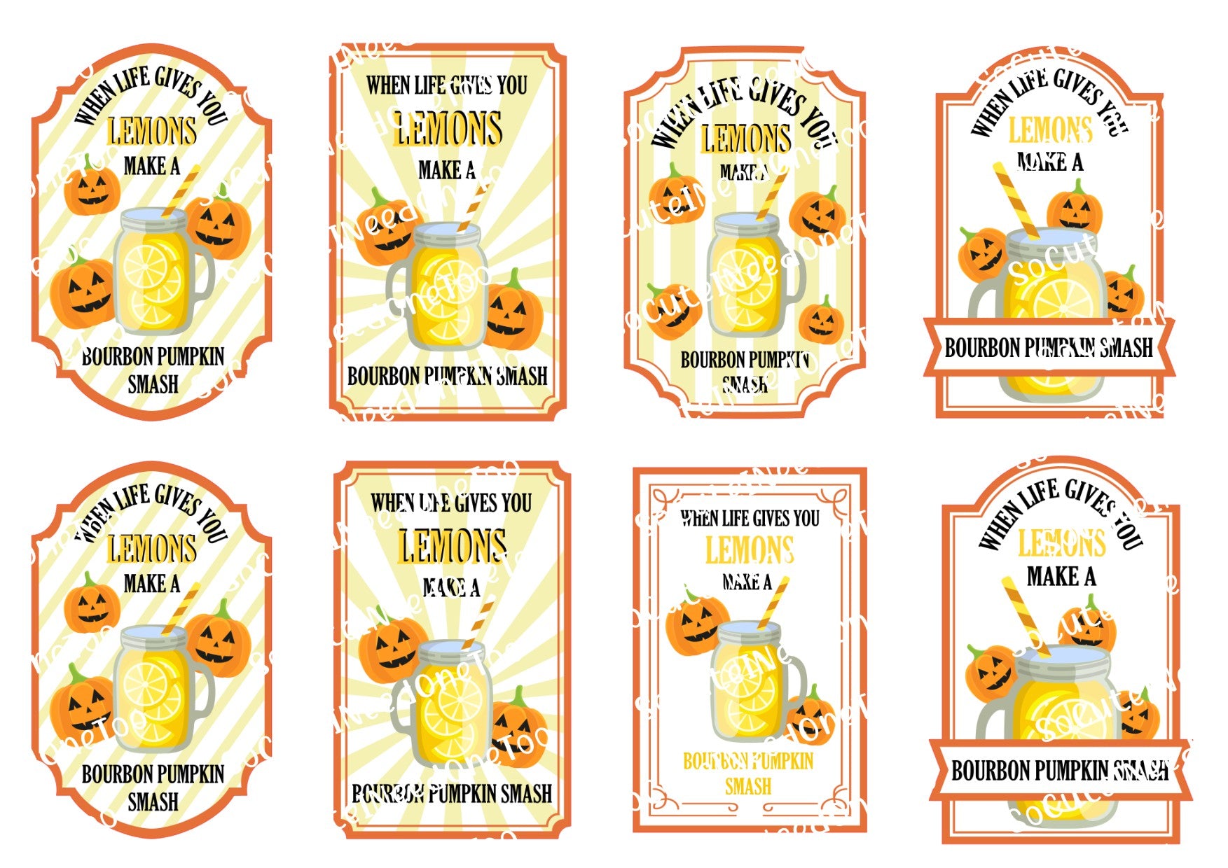 Set of Halloween-themed cocktail labels with pumpkins and lemon graphics.