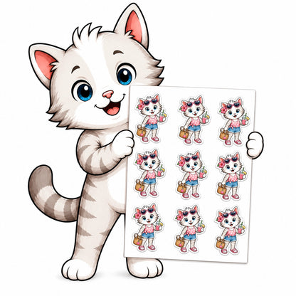 Bobcat holding a custom kiss cut sticker sheet of cat stickers from SoCuteINeedOneToo