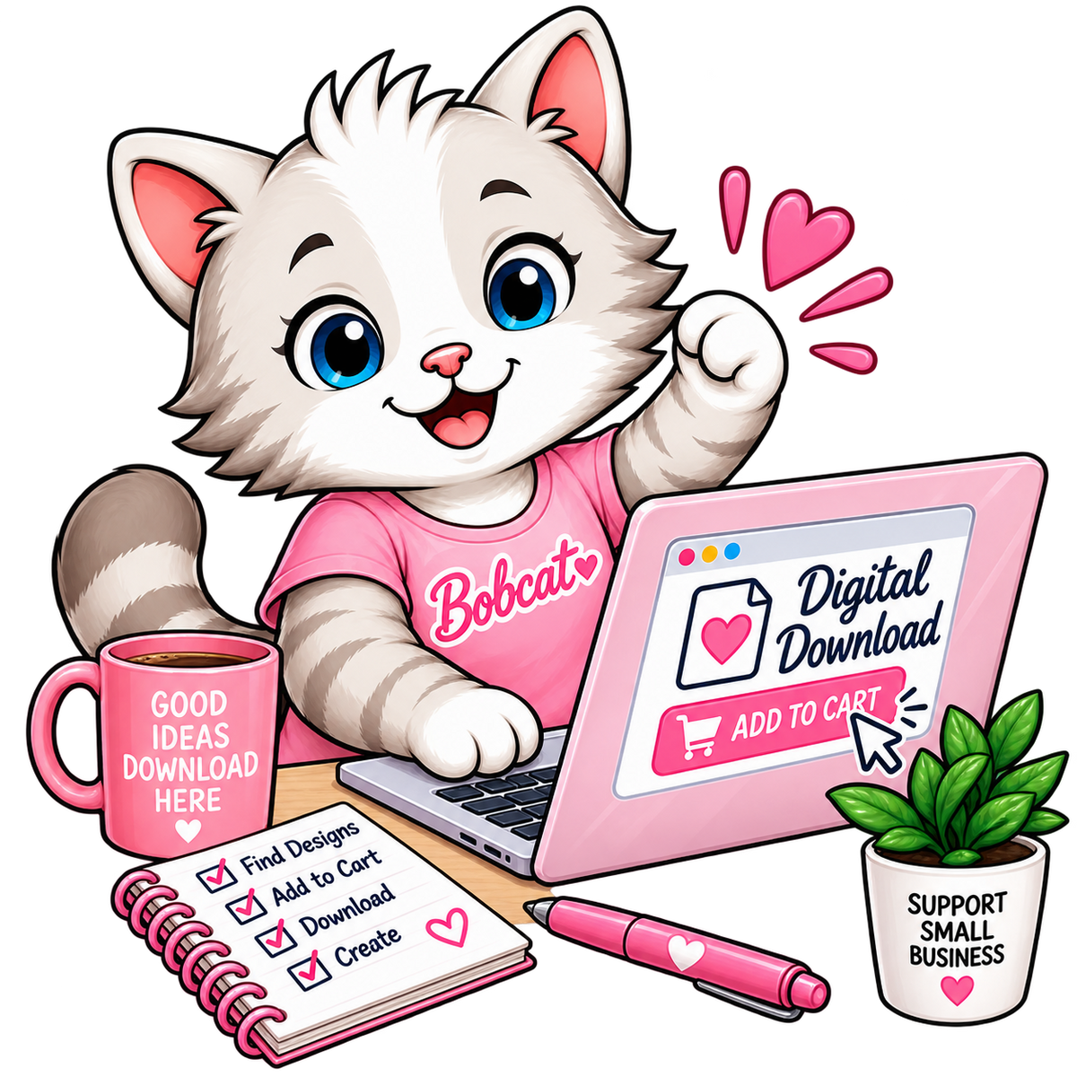 Bobcat mascot celebrating a digital download add to cart