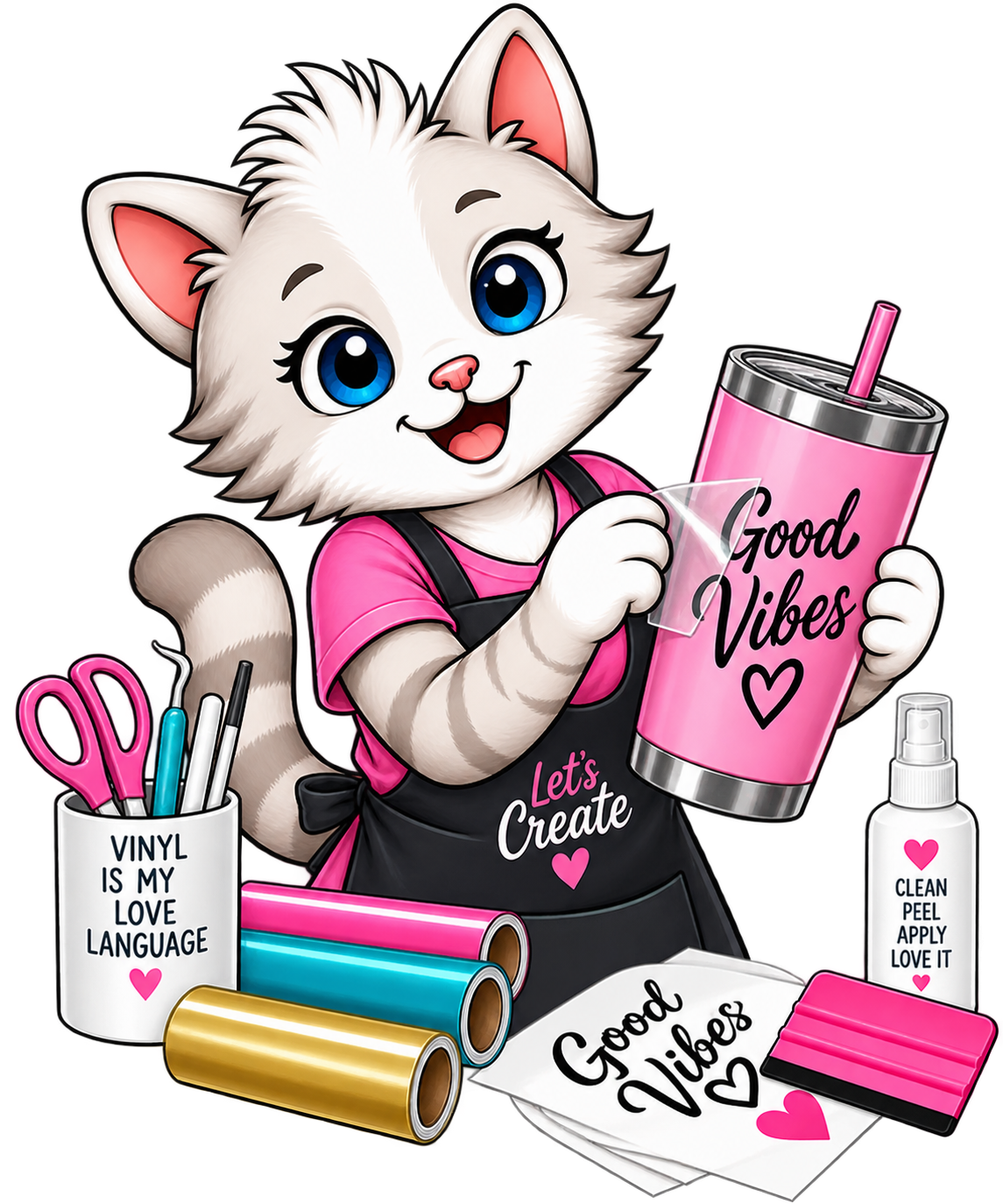 Bobcat mascot applying a Good Vibes vinyl decal to a pink tumbler