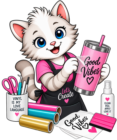 Bobcat mascot applying a Good Vibes vinyl decal to a pink tumbler