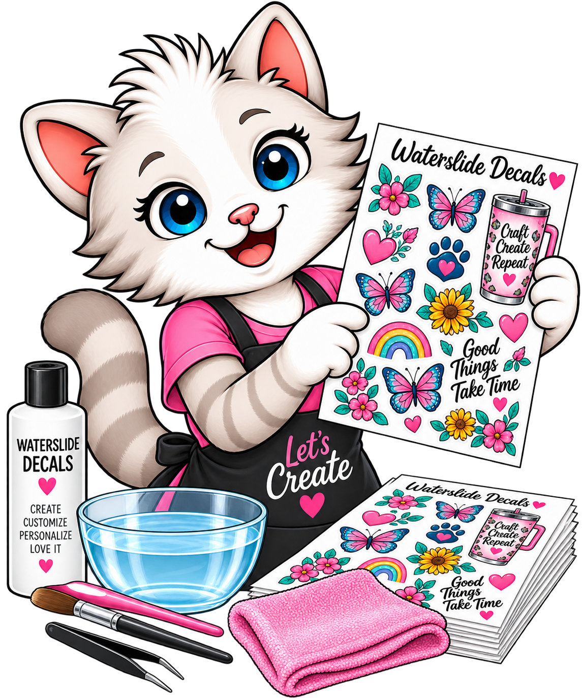 Bobcat mascot holding a sheet of waterslide decals