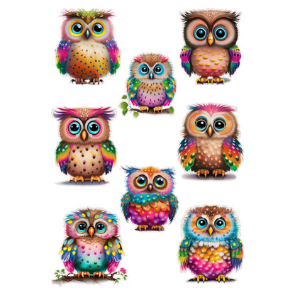 Colorful owl sticker sheet with 8 cute rainbow owls with big eyes